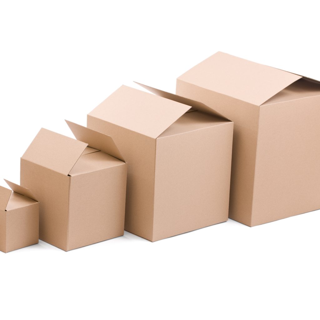 Brown cardboard boxes arranged on white background