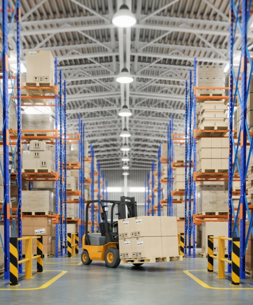 Forklift truck in warehouse or storage and shelves with cardboard boxes. 3d illustration